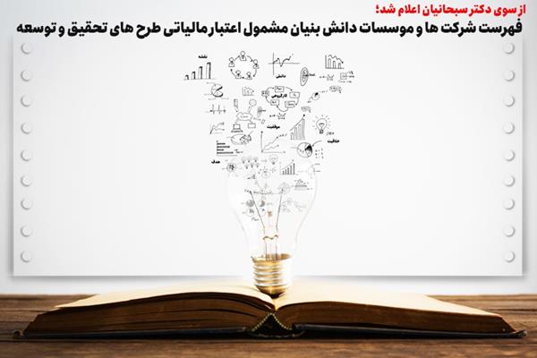 از سوی رئیس کل سازمان امور مالیاتی کشور اعلام شد؛   فهرست شرکت ها و موسسات دانش بنیان مشمول اعتبار مالیاتی طرح های تحقیق و توسعه